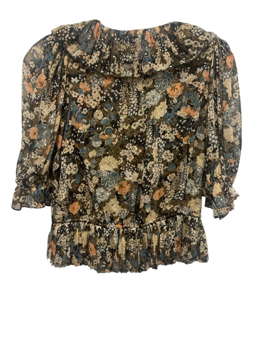 Ulla Johnson Size 6 Black, Green & Multi Print Silk Half Sleeve Floral Top Black, Green & Multi Print / 6