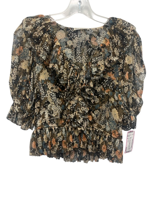 Ulla Johnson Size 6 Black, Green & Multi Print Silk Half Sleeve Floral Top Black, Green & Multi Print / 6