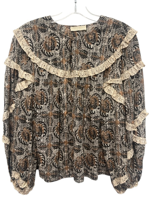Ulla Johnson Size 4 Brown, cream & black Cotton Blend Long Sleeve Floral Top Brown, cream & black / 4