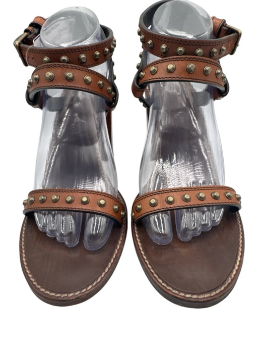 Saint Laurent Shoe Size 39.5 Brown & Brass Leather Block Heel Studded Sandals Brown & Brass / 39.5