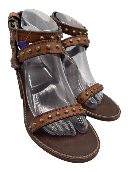 Saint Laurent Shoe Size 39.5 Brown & Brass Leather Block Heel Studded Sandals Brown & Brass / 39.5