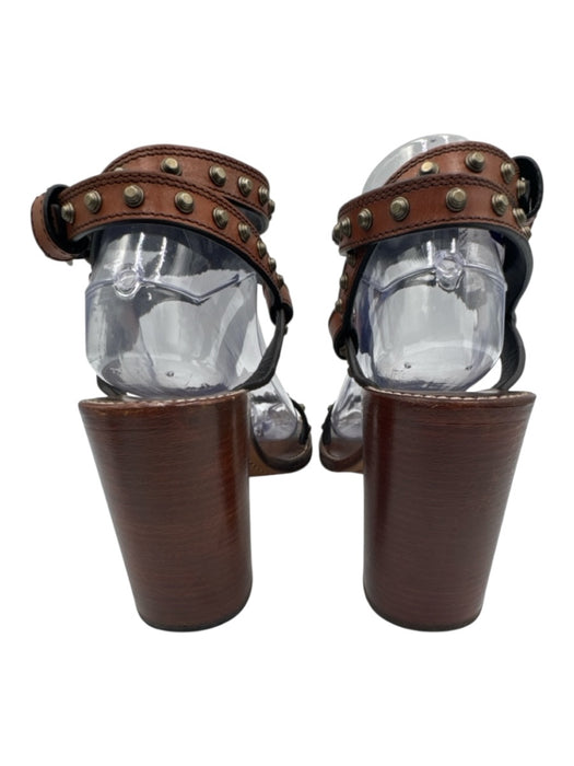 Saint Laurent Shoe Size 39.5 Brown & Brass Leather Block Heel Studded Sandals Brown & Brass / 39.5