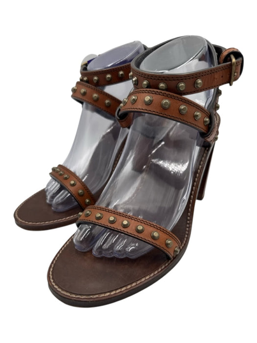 Saint Laurent Shoe Size 39.5 Brown & Brass Leather Block Heel Studded Sandals Brown & Brass / 39.5