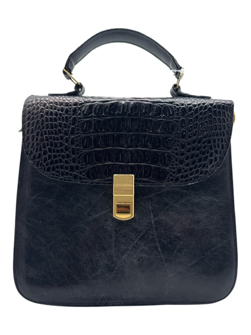 Brahmin Black Leather Croc Embossed Top Handle Goldtone Hardware Bag Black / Small
