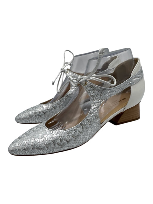 Brunate Shoe Size 39 White & Silver Leather Block Heel Tie Detail Metallic Pumps White & Silver / 39