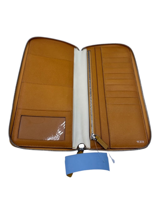 Tumi Orange Leather Zip Around Pebbled Wallets Orange