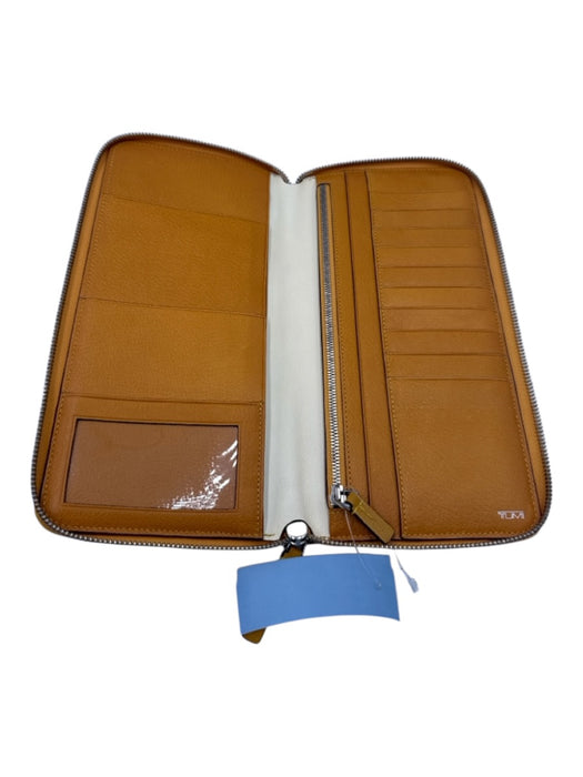 Tumi Orange Leather Zip Around Pebbled Wallets Orange