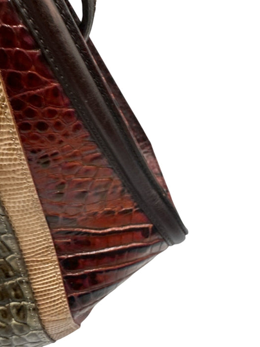 Brahmin Brown & Black Leather Croc Embossed Rolled Top Handles Bag Brown & Black