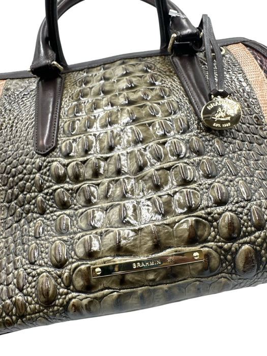 Brahmin Brown & Black Leather Croc Embossed Rolled Top Handles Bag Brown & Black