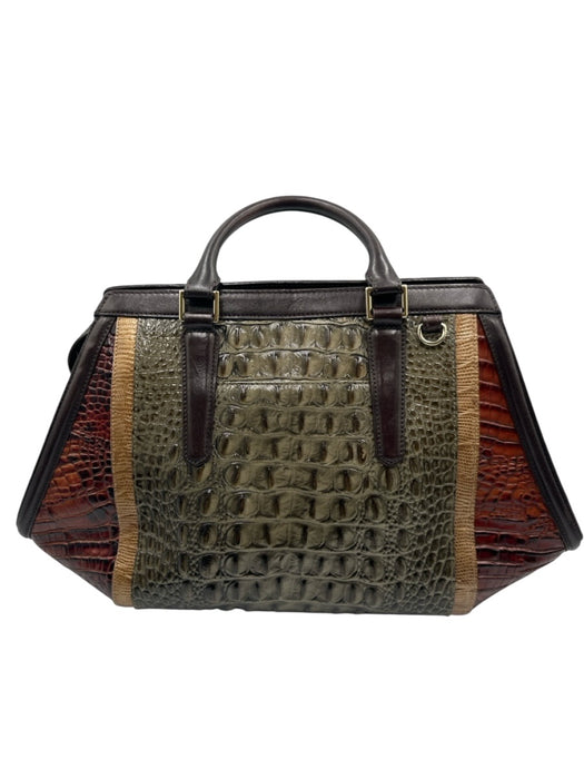 Brahmin Brown & Black Leather Croc Embossed Rolled Top Handles Bag Brown & Black