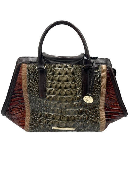 Brahmin Brown & Black Leather Croc Embossed Rolled Top Handles Bag Brown & Black