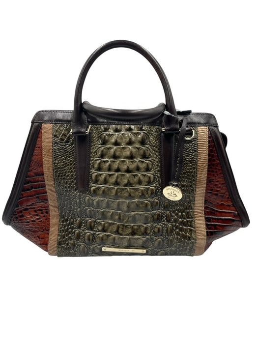 Brahmin Brown & Black Leather Croc Embossed Rolled Top Handles Bag Brown & Black