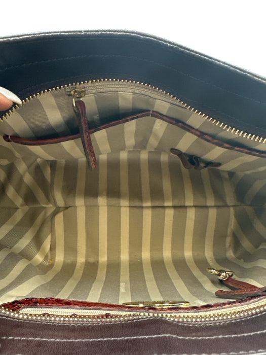 Brahmin Brown & Black Leather Croc Embossed Rolled Top Handles Bag Brown & Black