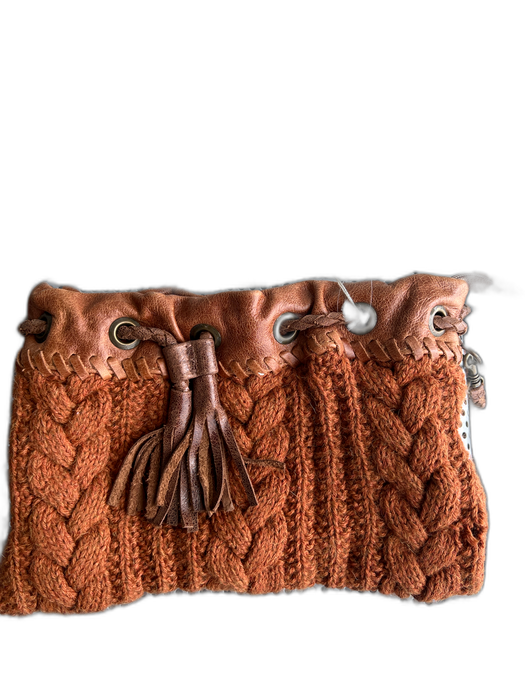 Pagliei Brown Leather & Knit Cable Knit Top Zip Tassel Detail Clutch Bag Brown / Small