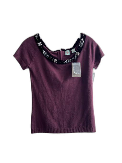 By Anthropologie Size Medium Plum Rayon Blend Short Sleeve Velvet Trim Top Plum / Medium