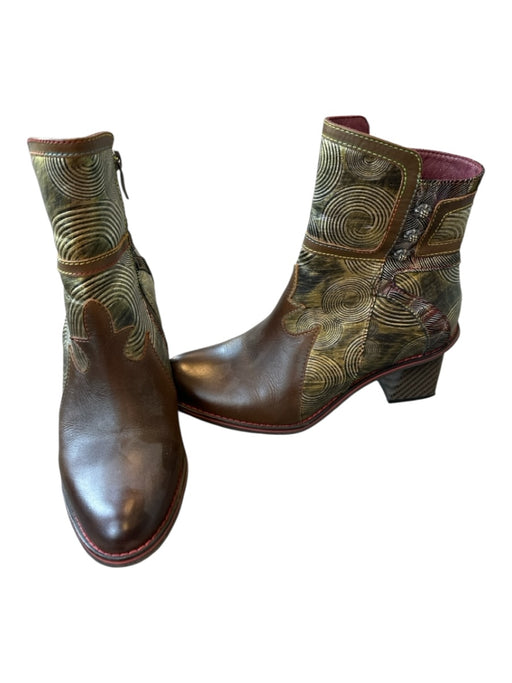 L'Artiste Shoe Size 38 Brown & Green Leather Metallic Block Heel Booties Brown & Green / 38