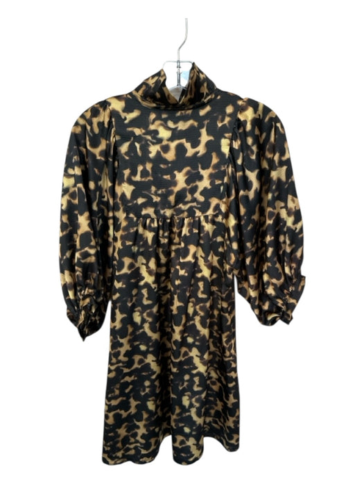 Emily McCarthy Size XS Tan & black Long Balloon Sleeve Animal Print V Neck Dress Tan & black / XS