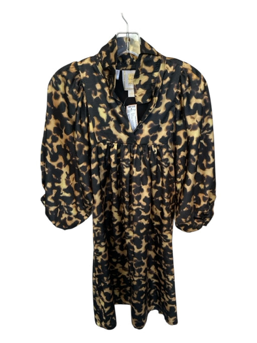 Emily McCarthy Size XS Tan & black Long Balloon Sleeve Animal Print V Neck Dress Tan & black / XS
