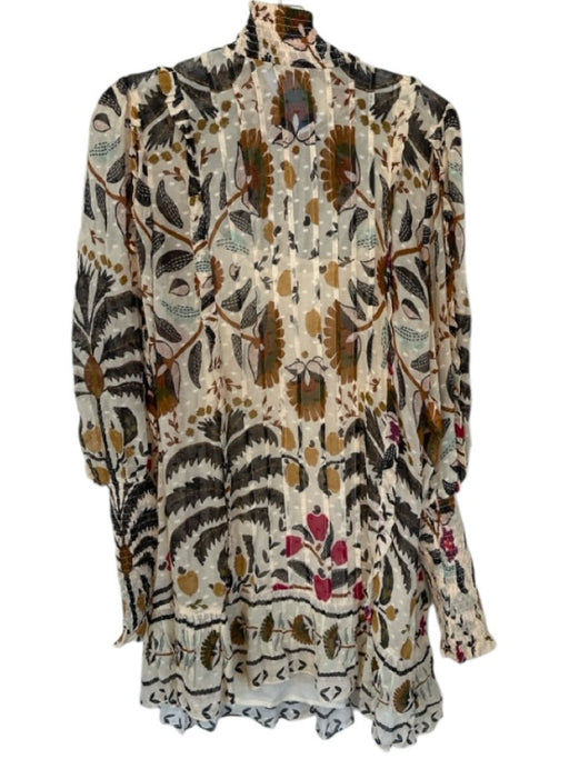 Farm Rio Size M Cream & Brown Mock Neck Plants Long Sleeve Pleated Dress Cream & Brown / M