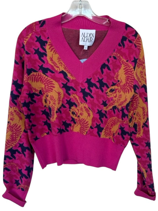 Alden Adair Size M Pink & Tan Viscose Blend Long Sleeve Tigers V Neck Sweater Pink & Tan / M