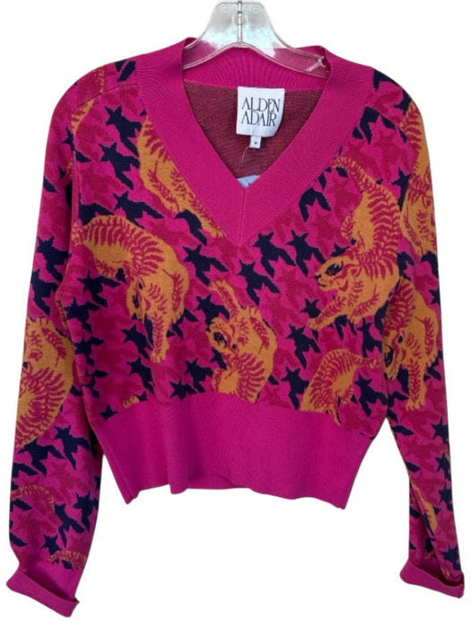 Alden Adair Size M Pink & Tan Viscose Blend Long Sleeve Tigers V Neck Sweater Pink & Tan / M