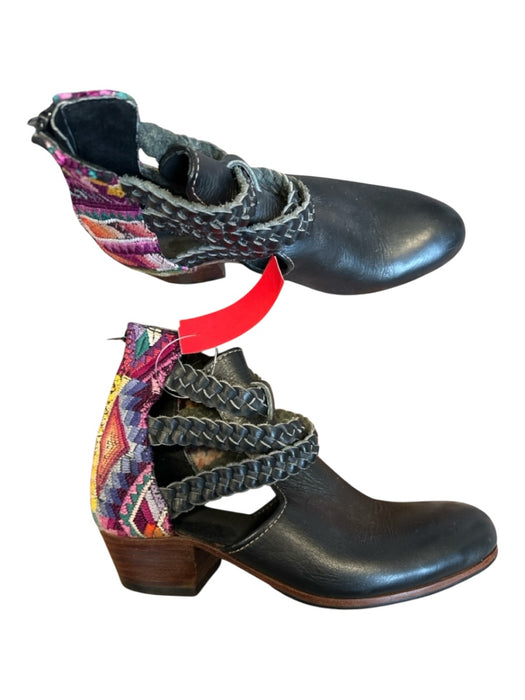 Shoe Size 38 Black & Multi Leather Embroidered Braided Back Zip Booties Black & Multi / 38