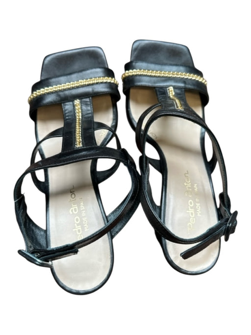 Pedro Anton Shoe Size 38 Black & Gold Leather Chain Detail Block Heel Sandals Black & Gold / 38