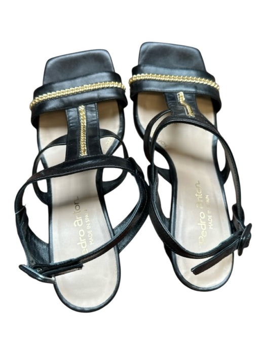 Pedro Anton Shoe Size 38 Black & Gold Leather Chain Detail Block Heel Sandals Black & Gold / 38