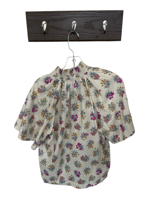 THML Size M Cream & Blue Cotton Short Sleeve Flowers V Neck Top Cream & Blue / M