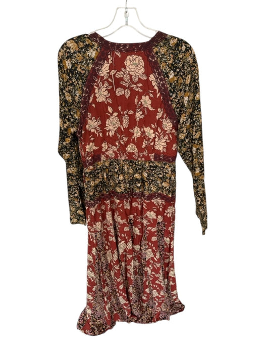 Free People Size L Burgundy Cotton Blend Long Sleeve Floral Lace Detail Dress Burgundy / L