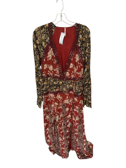Free People Size L Burgundy Cotton Blend Long Sleeve Floral Lace Detail Dress Burgundy / L