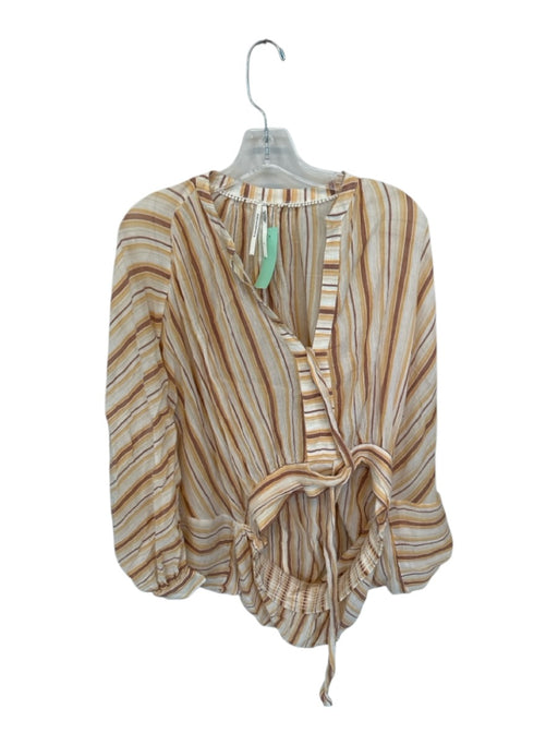 Anthropologie Size L Orange & Brown Cotton Stripe V Neck Shear rouched Top Orange & Brown / L