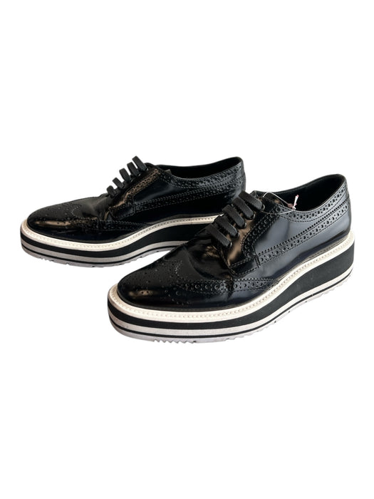 Prada Shoe Size 36 Black & White Leather Pointed Toe lace up Oxford Shoes Black & White / 36