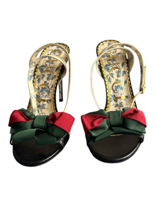 Gucci Shoe Size 36 Black Red & Green Leather Bow detail Open Toe & Heel Shoes Black Red & Green / 36