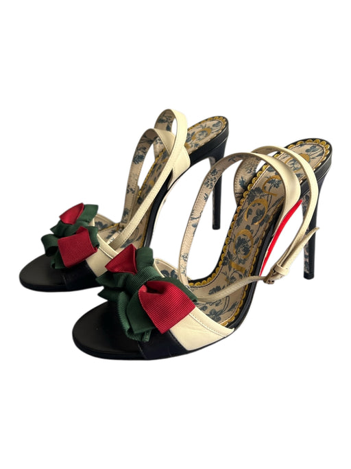 Gucci Shoe Size 36 Black Red & Green Leather Bow detail Open Toe & Heel Shoes Black Red & Green / 36