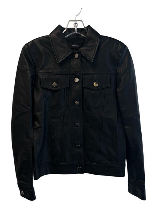 Amiri Size 42 Black Leather Collared Button Down silver hardware Jacket Black / 42