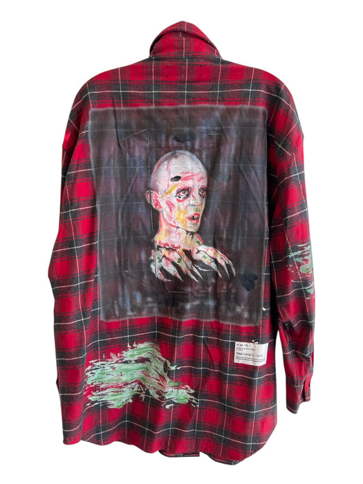 Amiri Size S Red Cotton Collared Plaid Button Down Painted Details Top Red / S