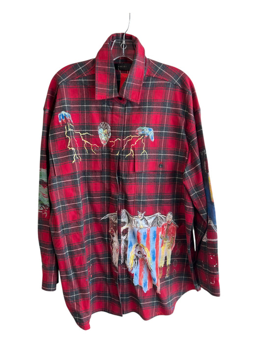 Amiri Size S Red Cotton Collared Plaid Button Down Painted Details Top Red / S