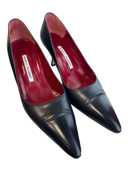 Manolo Blahnik Shoe Size 39.5 Black Leather Pointed Toe Red lining Shoes Black / 39.5