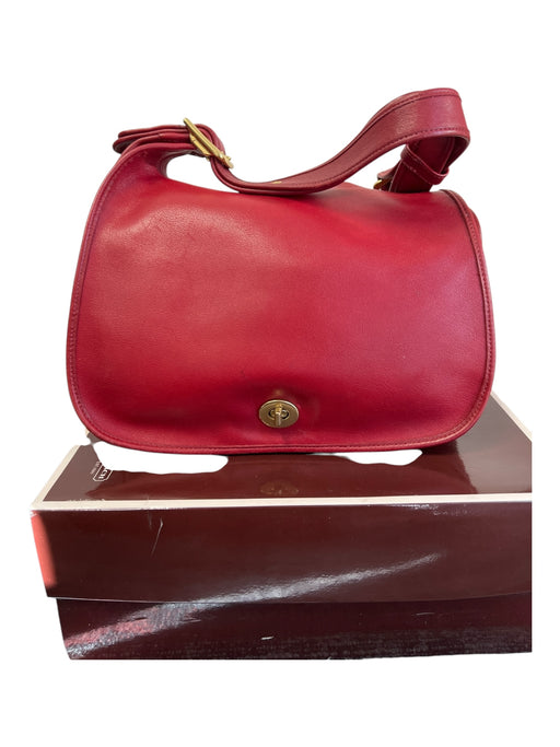 Coach Red Leather Flap Closure Gold Hardware Inside Pockets Hobo Bag Red / M