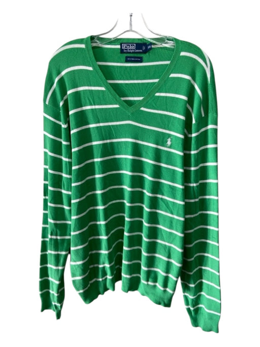 Polo Size XXL Green & White Cotton Blend Striped V Neck Men's Sweater XXL