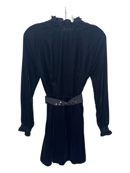 Maje Size 1 Navy Blue & Black Polyester Long Sleeve Velvet Ruffle Smocked Dress Navy Blue & Black / 1
