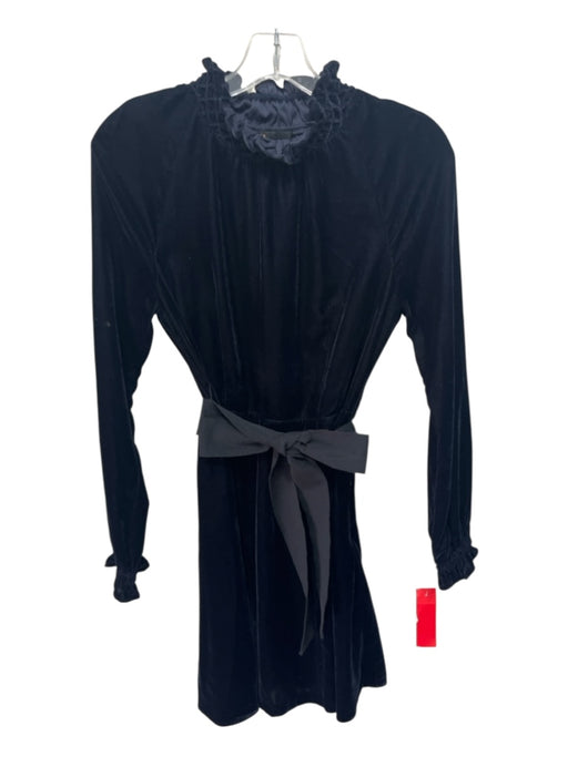 Maje Size 1 Navy Blue & Black Polyester Long Sleeve Velvet Ruffle Smocked Dress Navy Blue & Black / 1