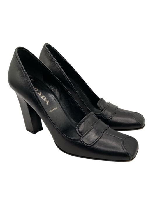Prada Shoe Size 36 Black Leather Square Toe Block Heel Penny Loafer Pumps Black / 36