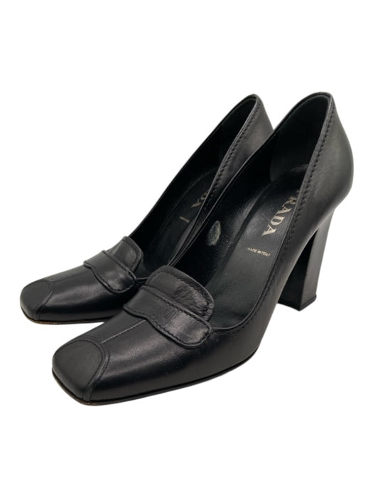 Prada Shoe Size 36 Black Leather Square Toe Block Heel Penny Loafer Pumps Black / 36