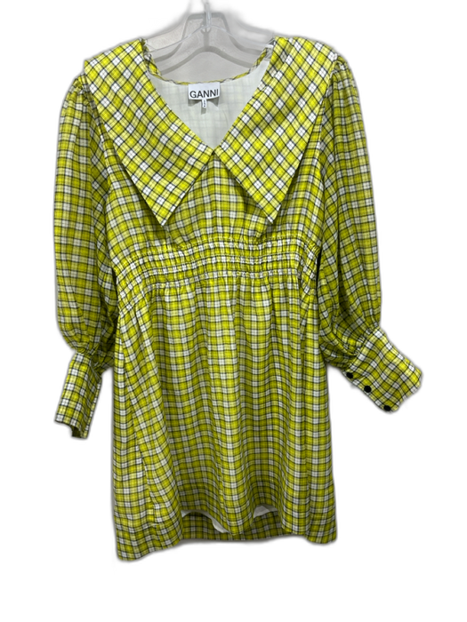 Ganni Size S / 38 Yellow, White, Black Polyester Blend Smocked Waist Band Dress Yellow, White, Black / S / 38