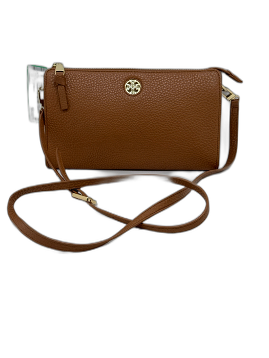 Tory Burch Brown Pebbled Leather Gold Tone Hardware Zip Top Logo Crossbody Bag Brown / S