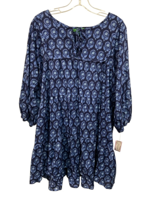 J Crew Size M Navy & Blue Cotton Puff 3/4 Sleeve Floral Print Tie Front Dress Navy & Blue / M