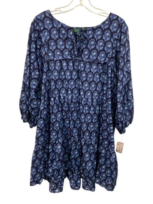 J Crew Size M Navy & Blue Cotton Puff 3/4 Sleeve Floral Print Tie Front Dress Navy & Blue / M