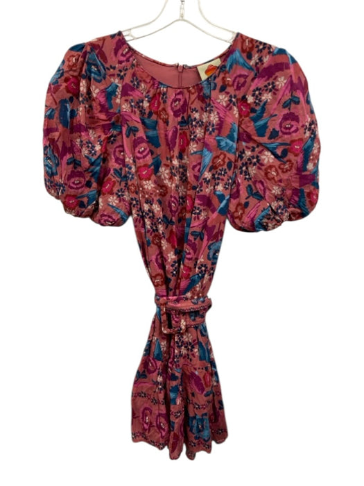 Farm Rio Size M Pink, Blue, Purple Cotton Short Puff Sleeve Floral Print Dress Pink, Blue, Purple / M